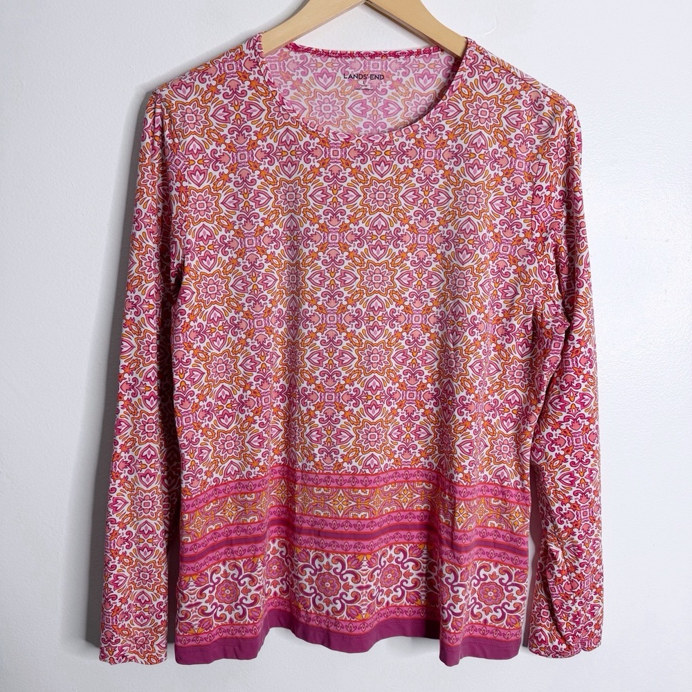 Lands End Women SunShade UPF 50 Long Sleeve Relaxed Rash Guard Large Pink Orange